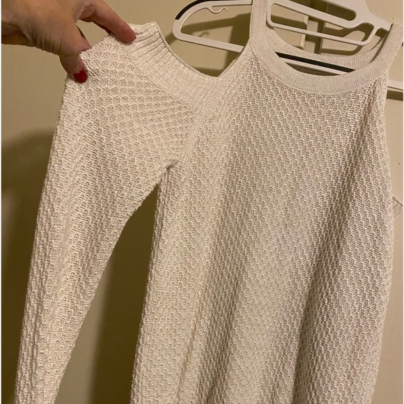 Cream colored gold threaded cold shoulder sweater. Large. - Picture 3 of 10